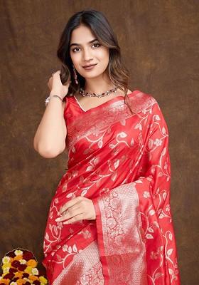 Red Jacquard Blended Saree Set