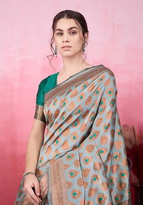 Sea Green Embroidered Blended Saree Set