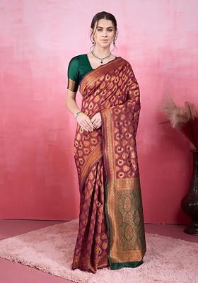 Maroon Embroidered Blended Saree Set