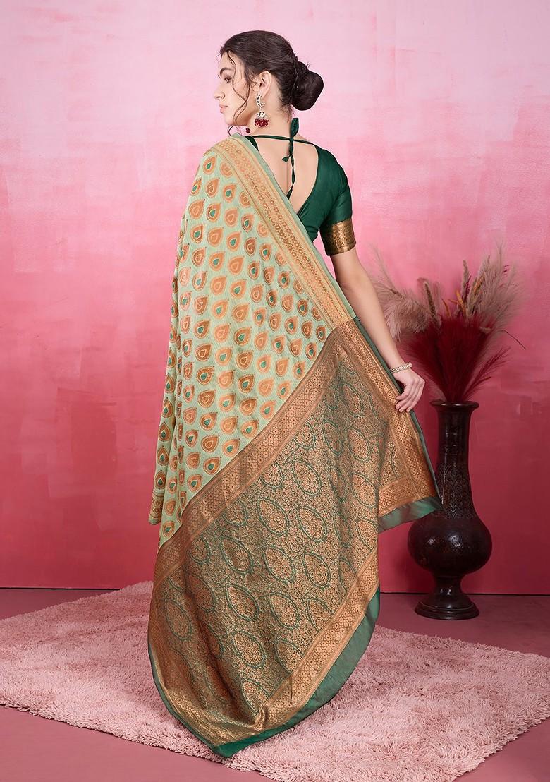 Green Jacquard Blended Saree Set - Indya