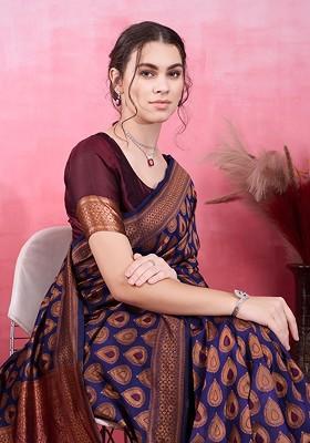 Navy Blue Jacquard Blended Saree Set