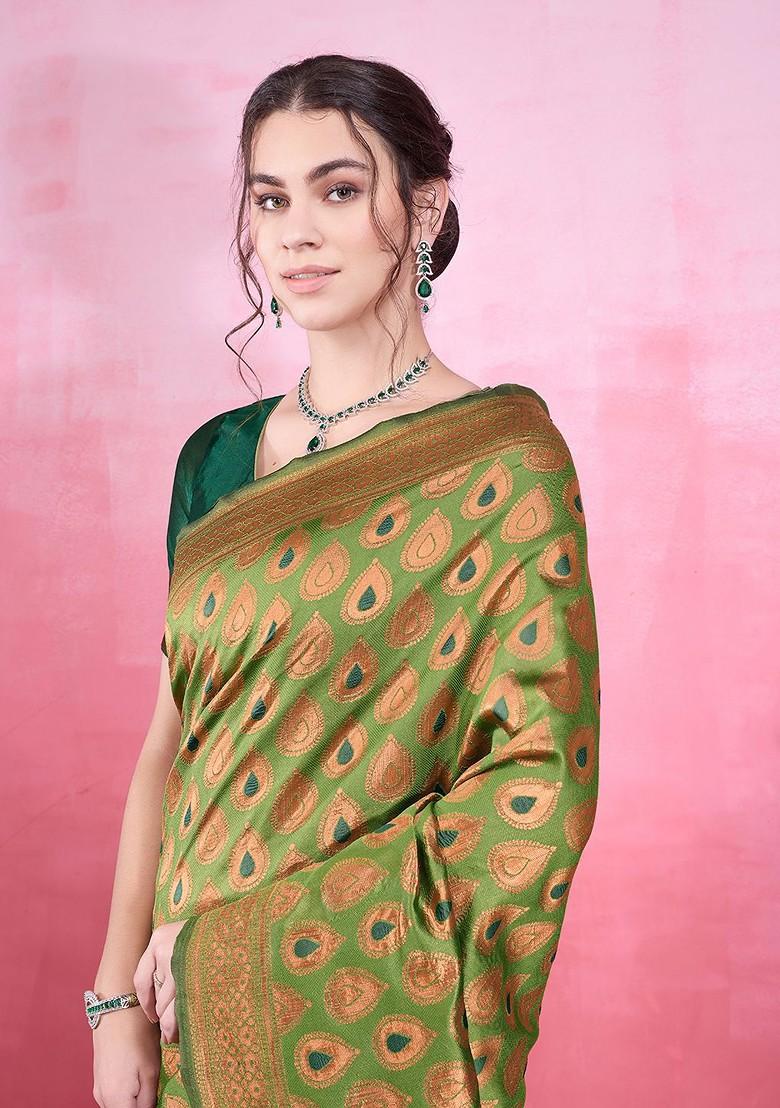 Green Jacquard Blended Saree Set - Indya