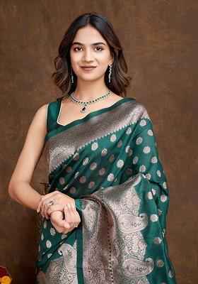 Green Jacquard Blended Saree Set