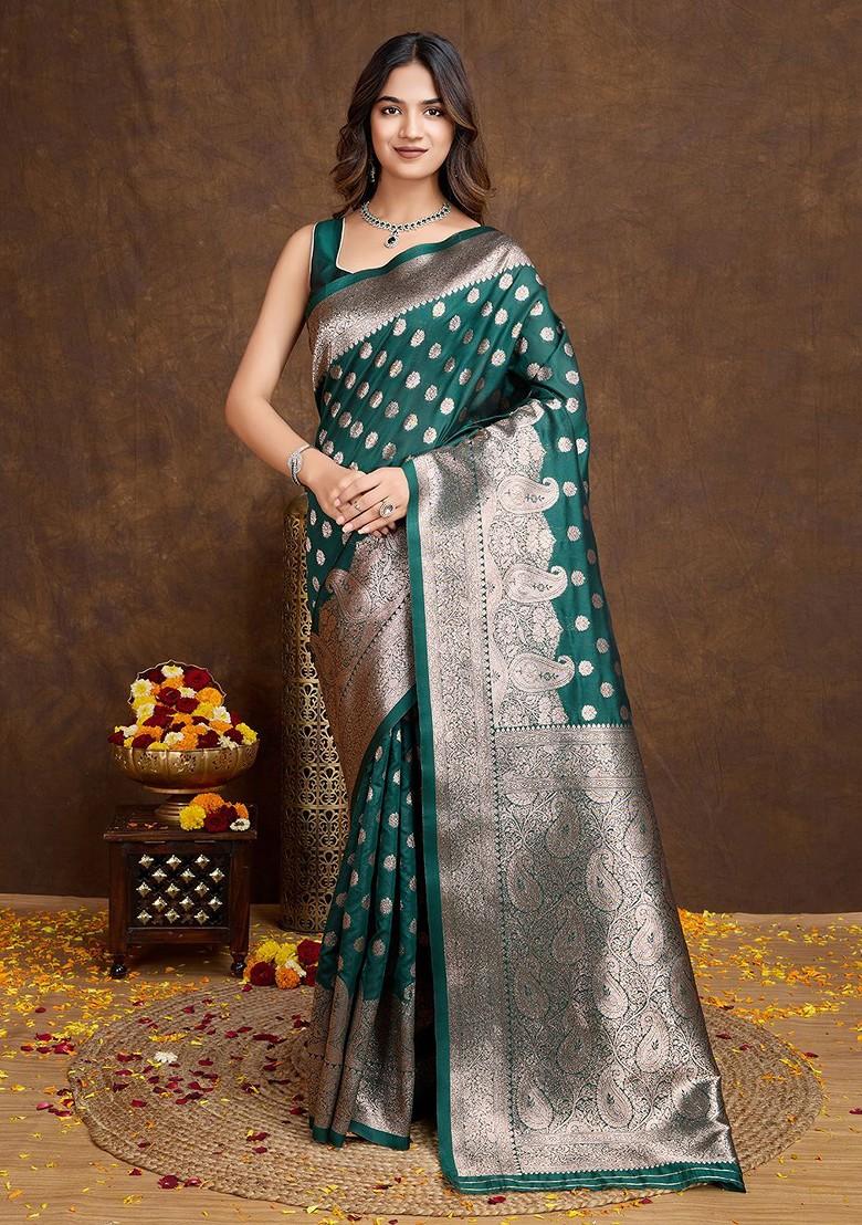 Green Jacquard Blended Saree Set - Indya