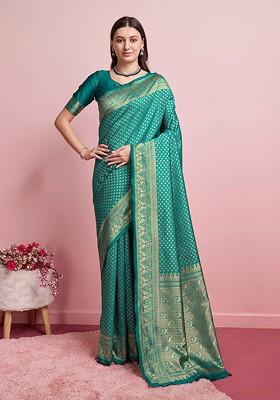 Green Jacquard Blended Saree Set