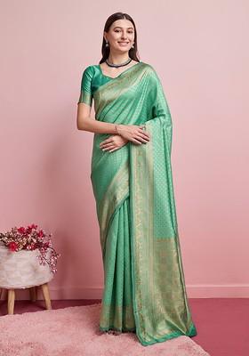 Green Jacquard Blended Saree Set