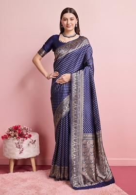 Blue Jacquard Blended Saree Set