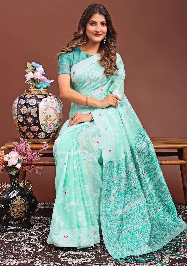 Turquoise Blue Embroidered Blended Saree Set - Indya
