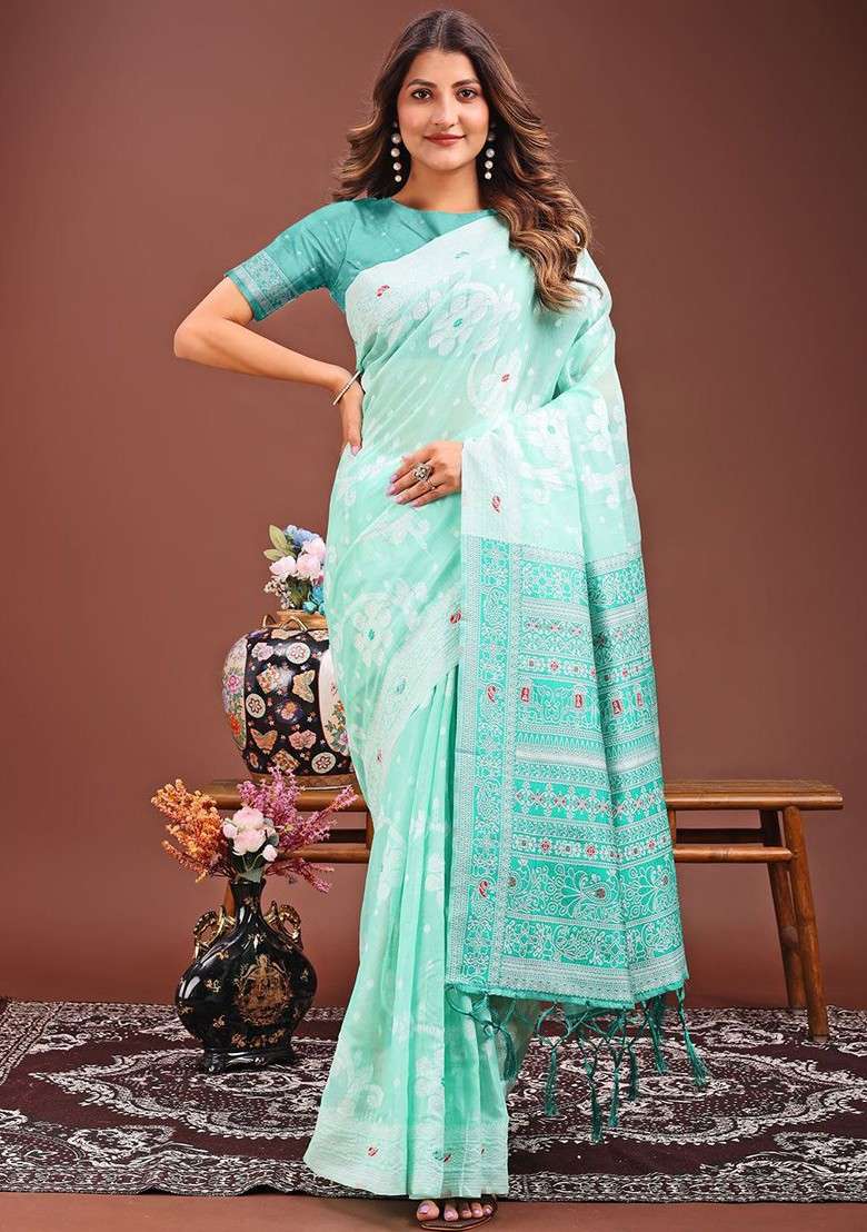 Turquoise Blue Embroidered Blended Saree Set - Indya