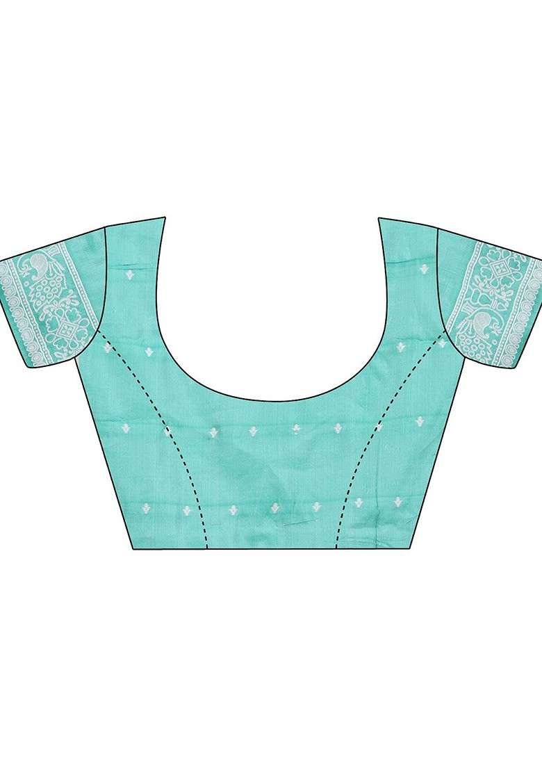 Turquoise Blue Embroidered Blended Saree Set - Indya