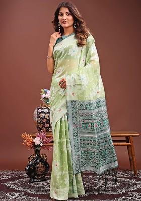 Lime Green Embroidered Blended Saree Set
