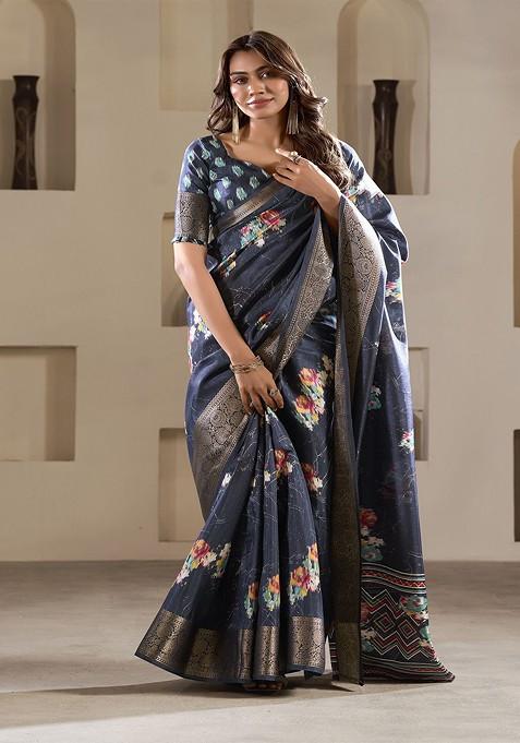 Navy Blue Printed Blended Saree Set
