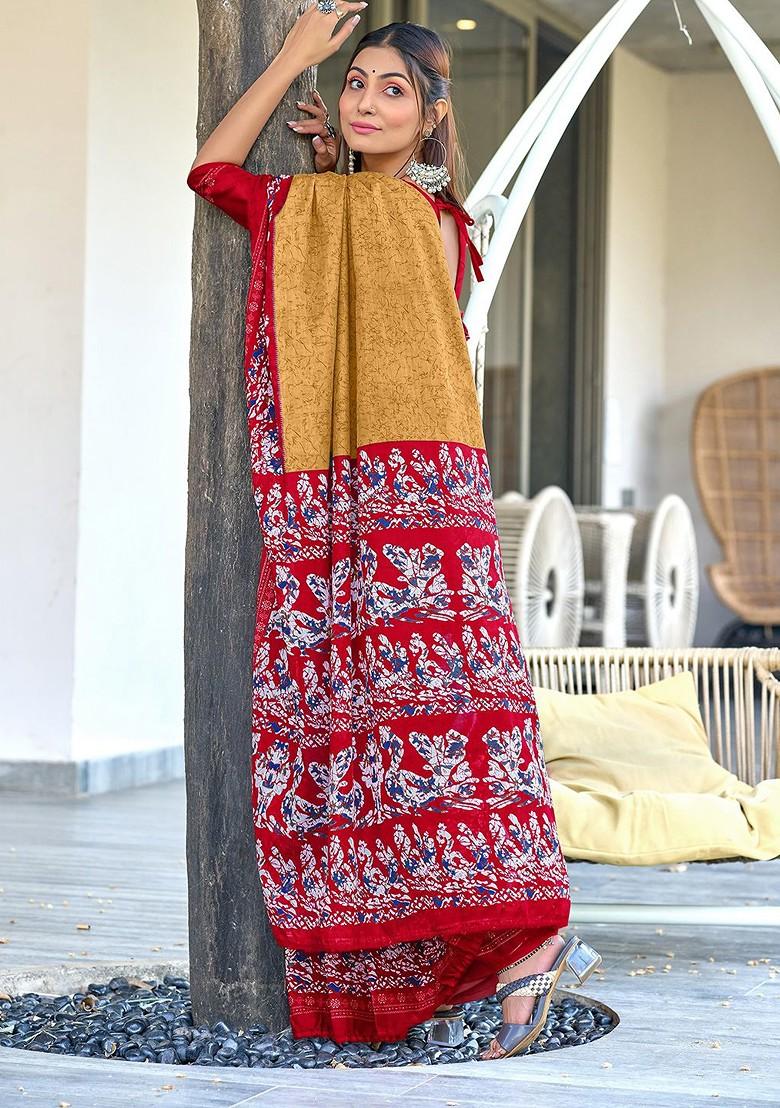 Brown Printed Blended Saree Set