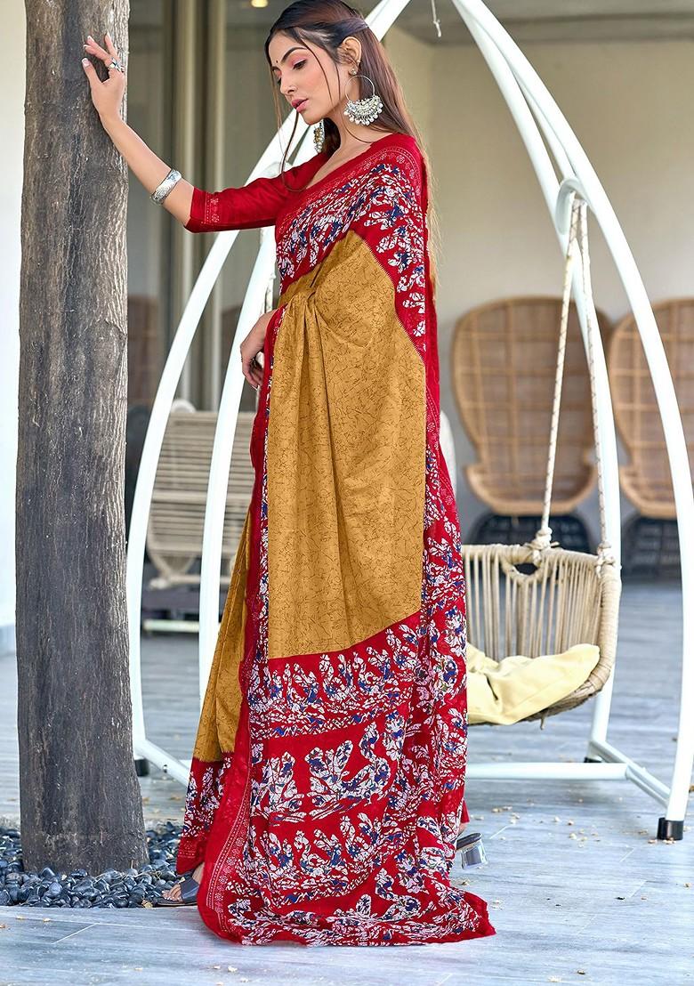 Brown Printed Blended Saree Set