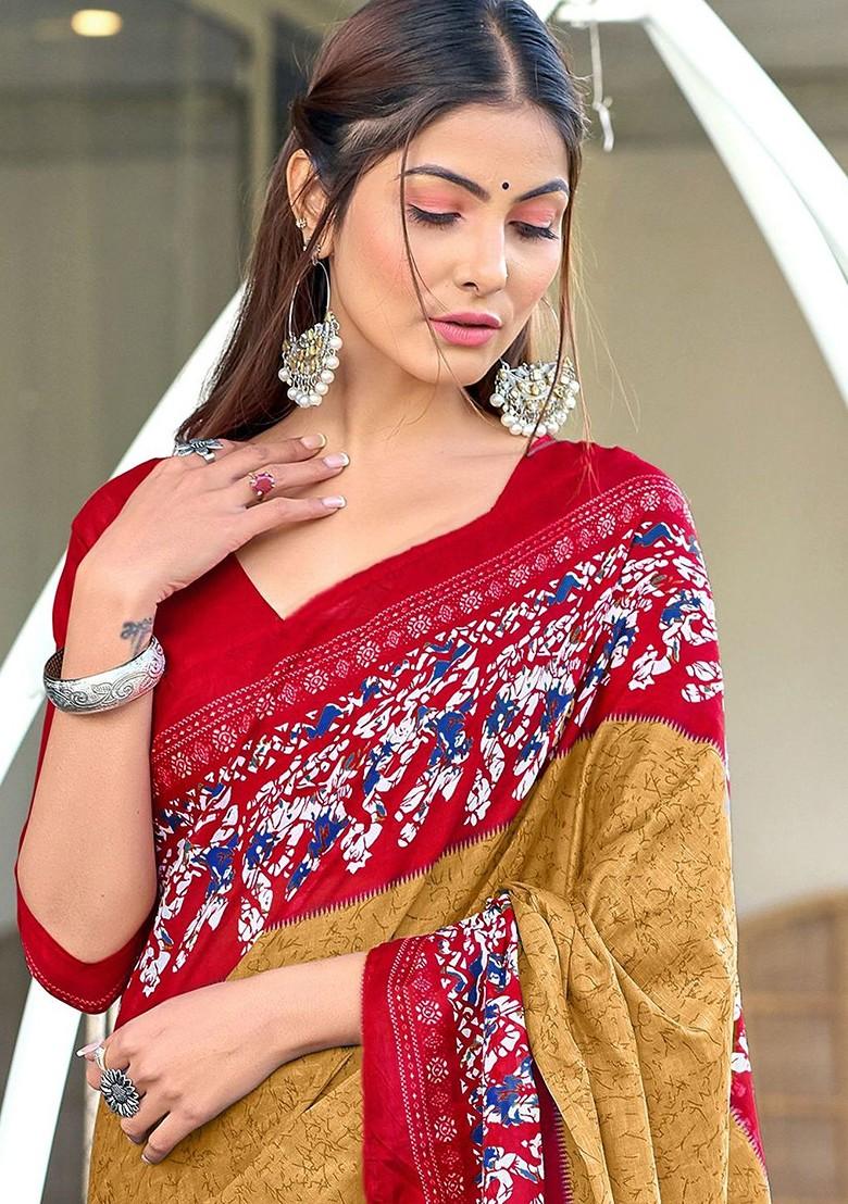 Brown Printed Blended Saree Set