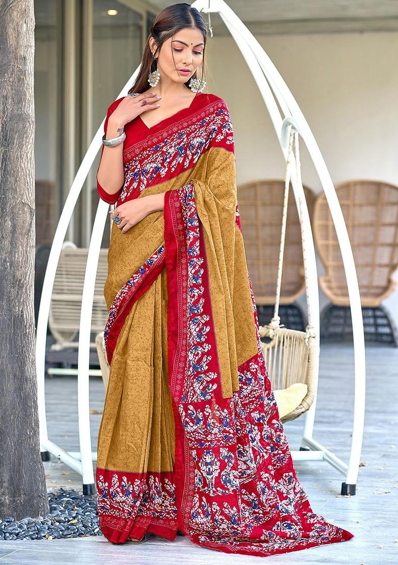 Brown Printed Blended Saree Set