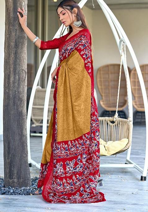 Brown Printed Blended Saree Set