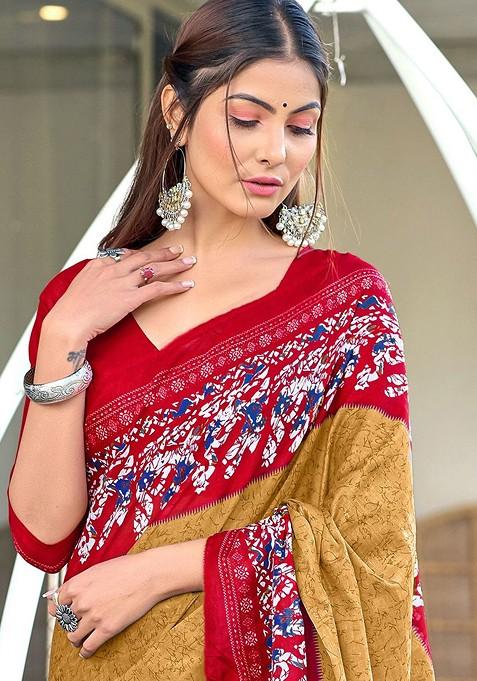 Brown Printed Blended Saree Set