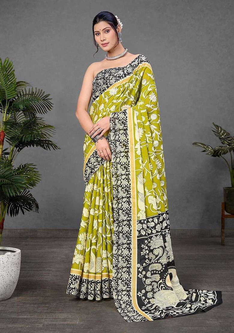 Lime Green Printed Blended Saree Set for Diwali and Festive Wear - Indya