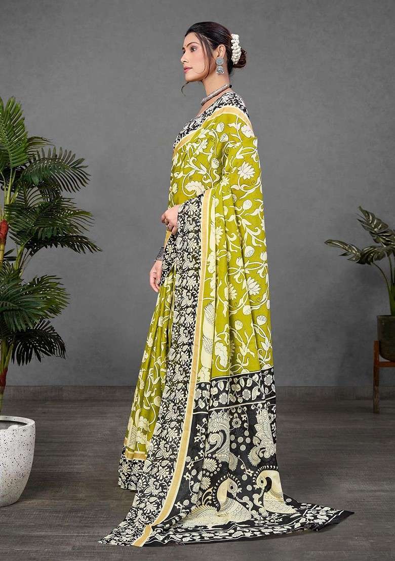 Lime Green Printed Blended Saree Set for Diwali and Festive Wear - Indya