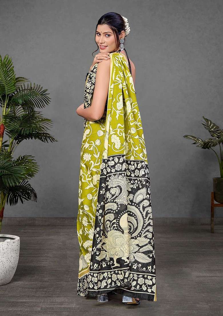 Lime Green Printed Blended Saree Set for Diwali and Festive Wear - Indya
