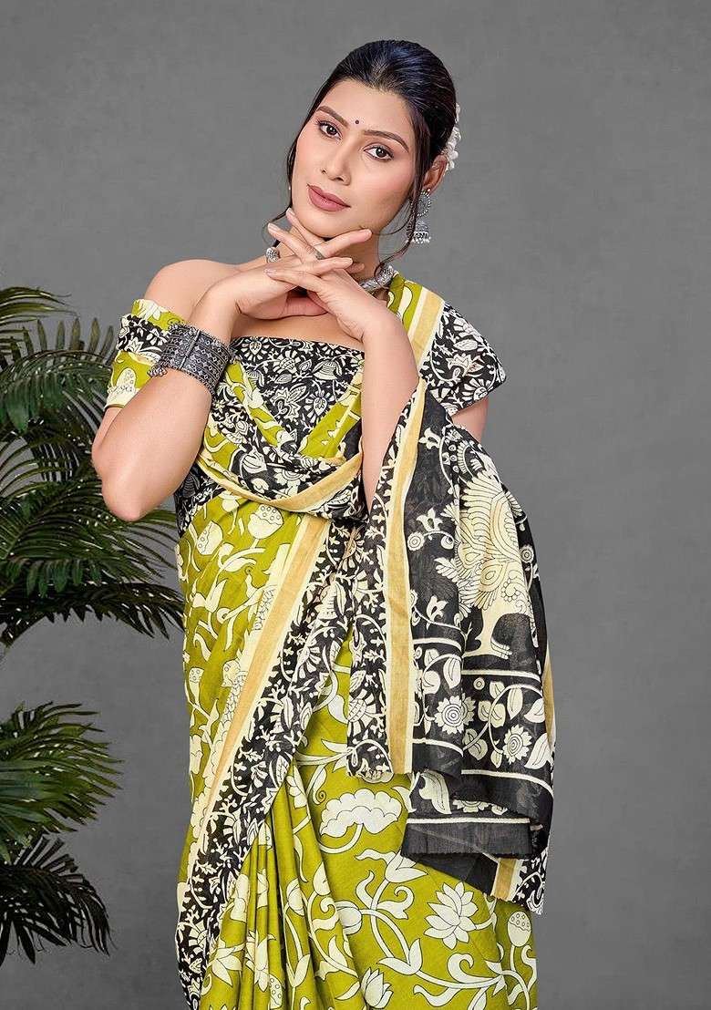 Lime Green Printed Blended Saree Set for Diwali and Festive Wear - Indya