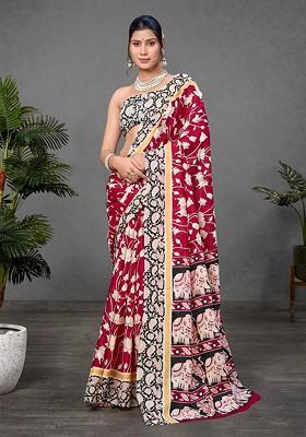 Magenta Printed Blended Saree Set