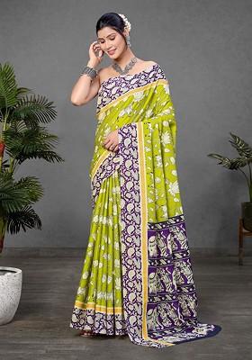 Lime Green Printed Blended Saree Set