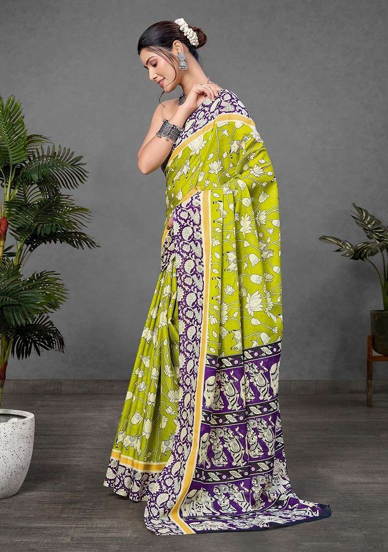 Lime Green Printed Blended Saree Set for Diwali and Festive Wear - Indya