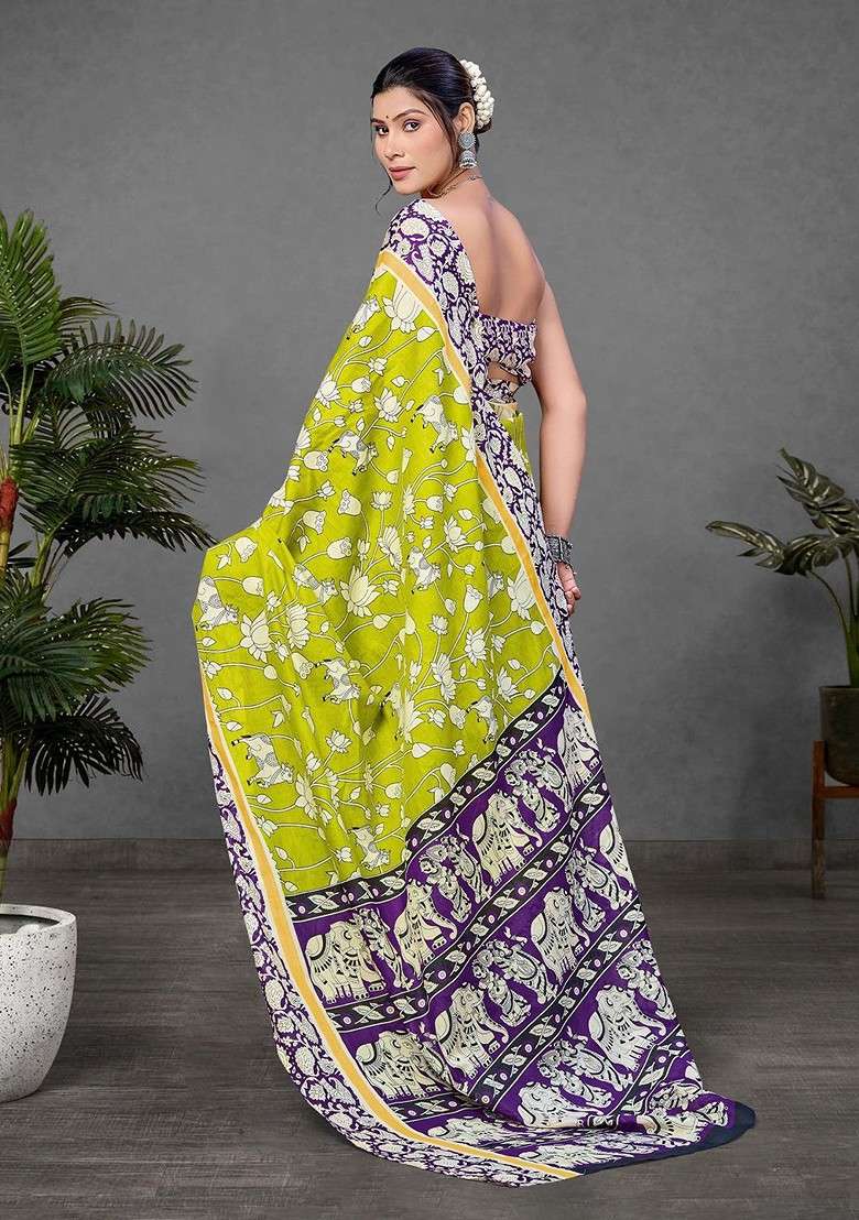 Lime Green Printed Blended Saree Set for Diwali and Festive Wear - Indya
