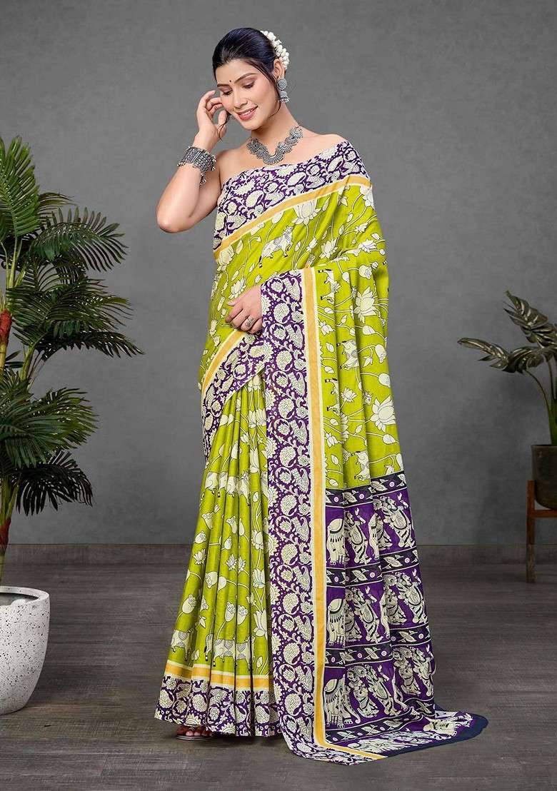 Lime Green Printed Blended Saree Set for Diwali and Festive Wear - Indya