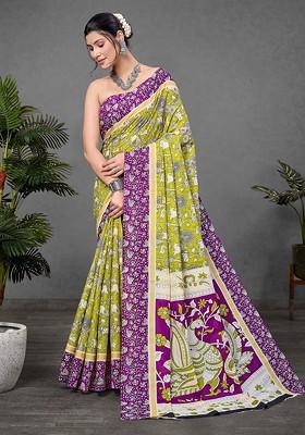 Lime Green Printed Blended Saree Set