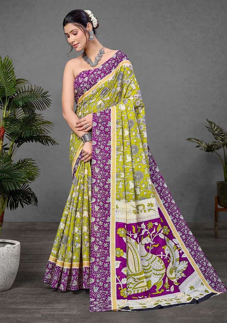 Lime Green Blended Saree Set with Printed for Diwali | Wedding & Festive Wear - Indya