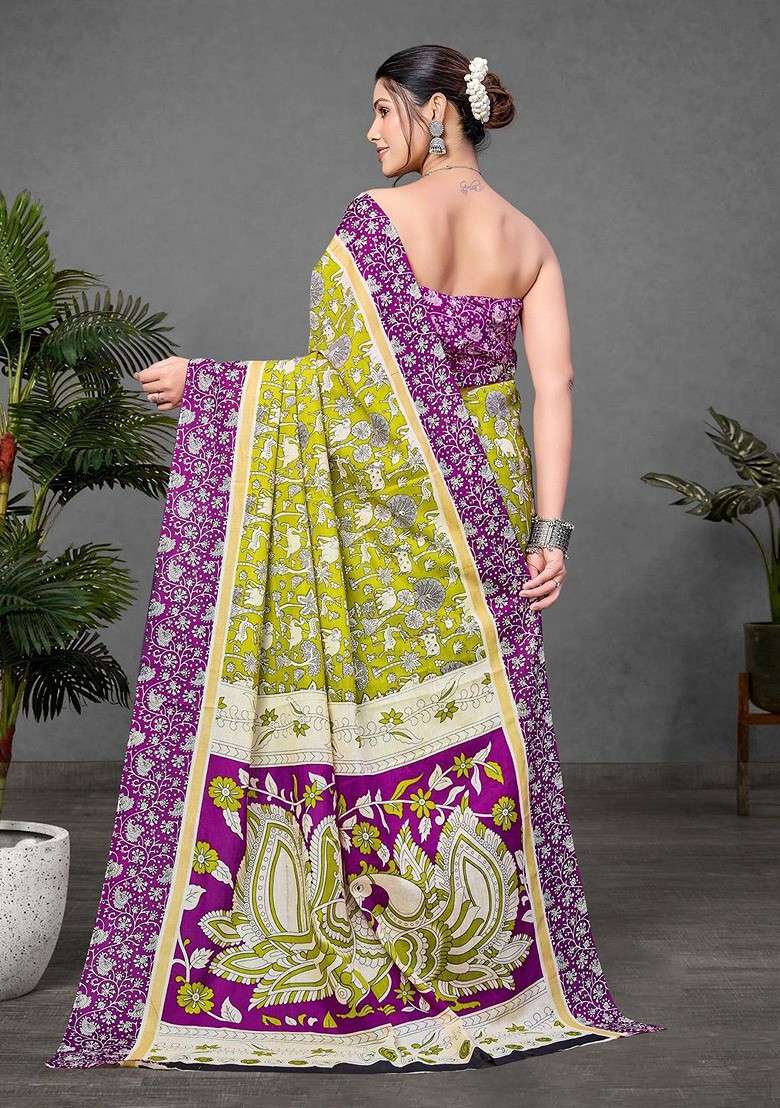 Lime Green Blended Saree Set with Printed for Diwali | Wedding & Festive Wear - Indya