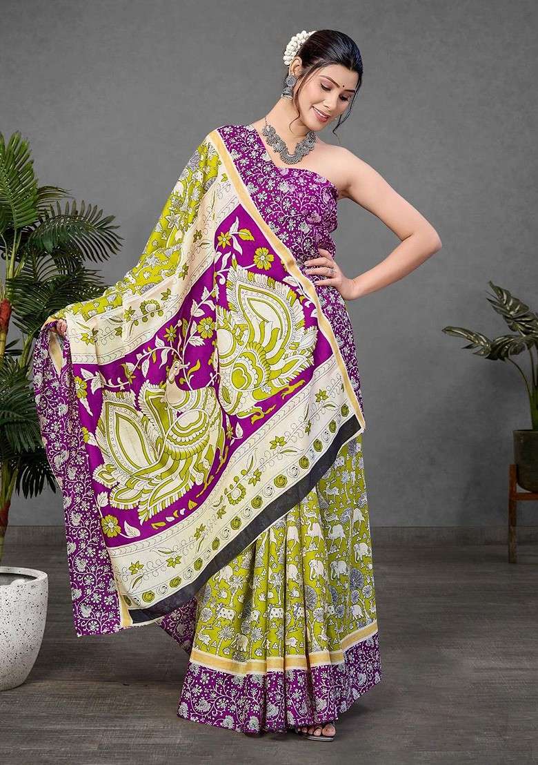 Lime Green Blended Saree Set with Printed for Diwali | Wedding & Festive Wear - Indya