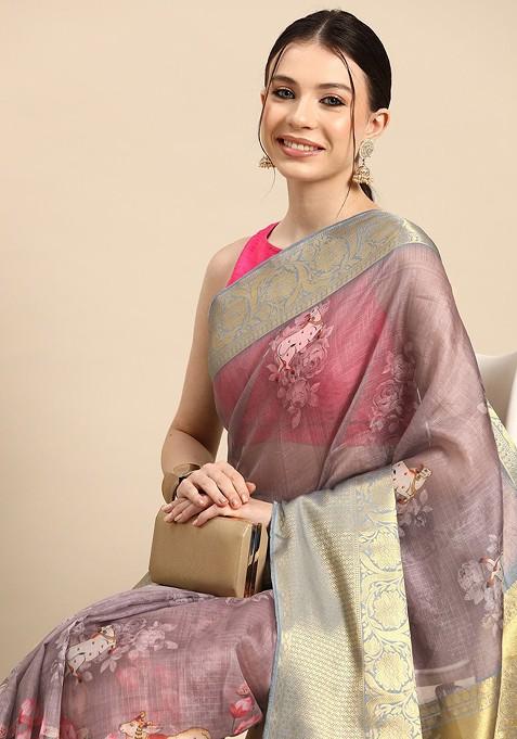 Rust Embroidered Blended Saree Set — view on Indya