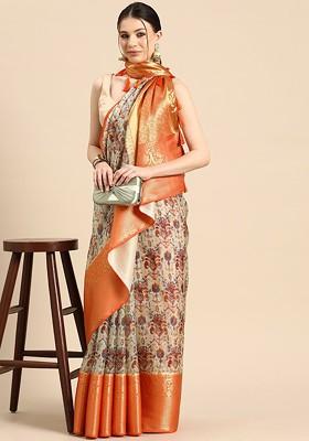 Beige Embroidered Blended Saree Set