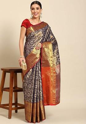 Navy Blue Embroidered Blended Saree Set