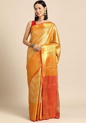 Yellow Jacquard Blended Saree Set