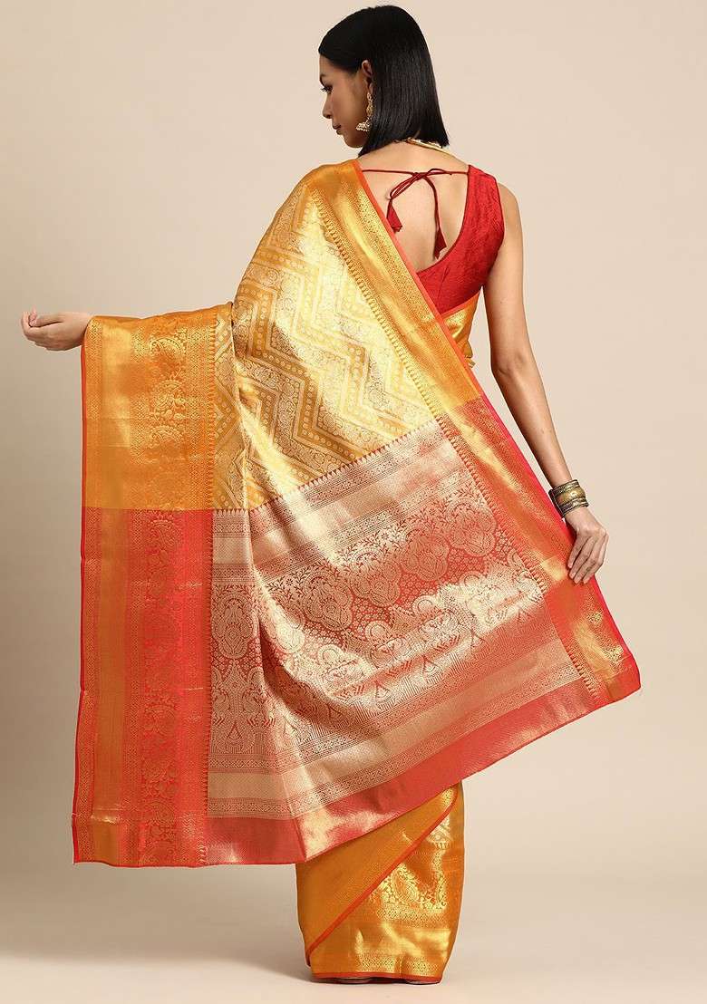 Yellow Jacquard Blended Saree Set - Indya