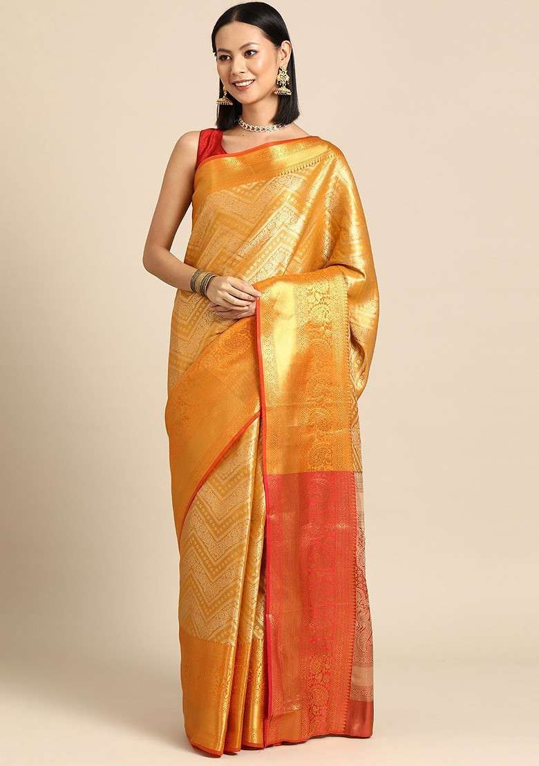 Yellow Jacquard Blended Saree Set - Indya