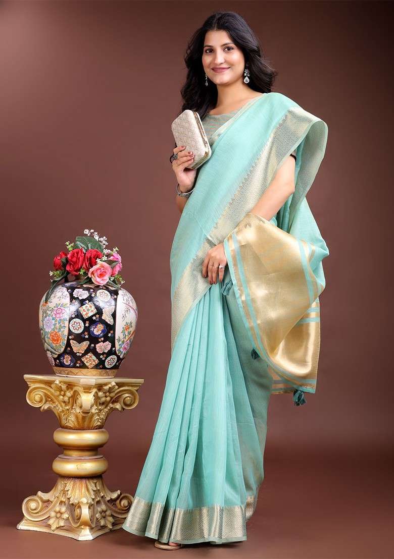 Turquoise Blue Embroidered Blended Saree Set - Indya