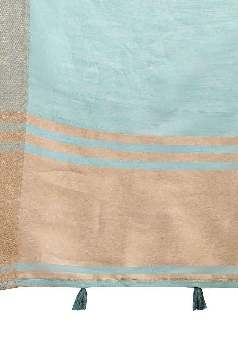 Turquoise Blue Embroidered Blended Saree Set - Indya
