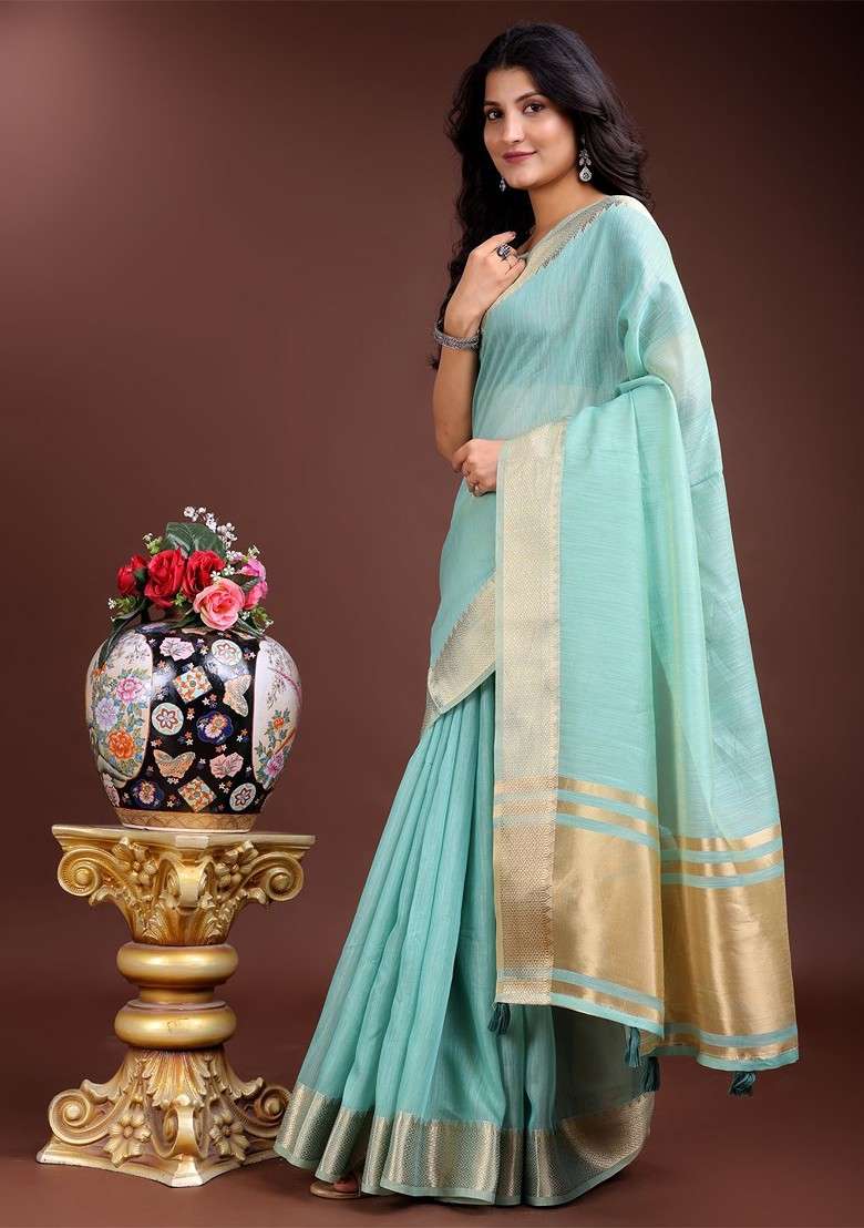 Turquoise Blue Embroidered Blended Saree Set - Indya