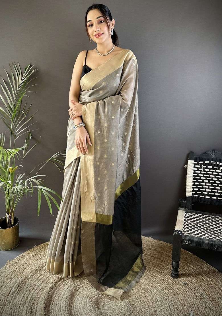 Grey Blended Saree Set with Embroidered for Diwali | Wedding & Festive Wear - Indya