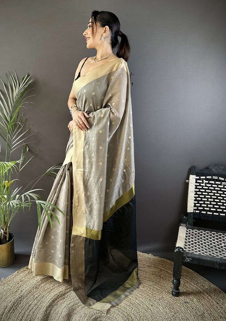Grey Blended Saree Set with Embroidered for Diwali | Wedding & Festive Wear - Indya