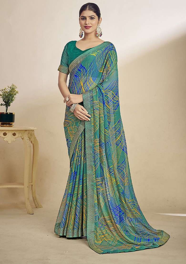 Teal Printed Blended Saree Set - Indya