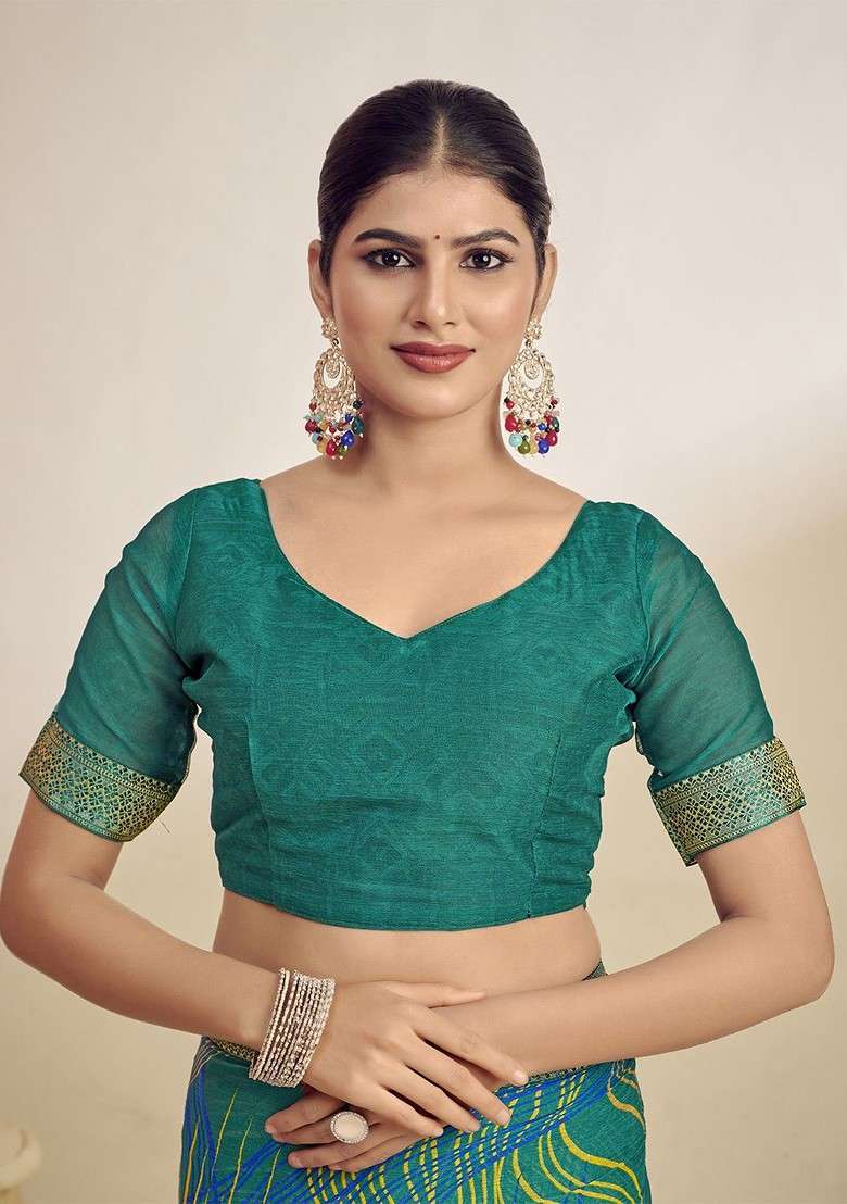 Teal Printed Blended Saree Set - Indya