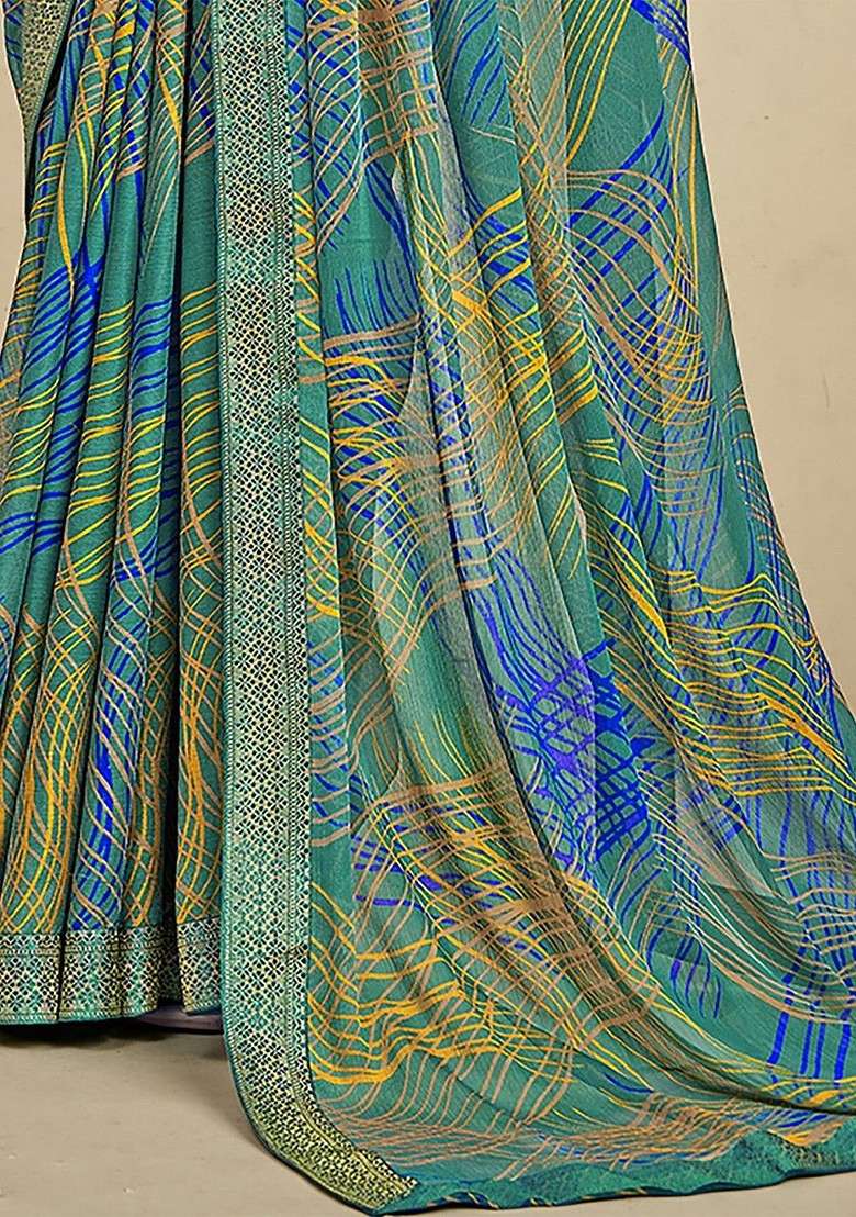 Teal Printed Blended Saree Set - Indya
