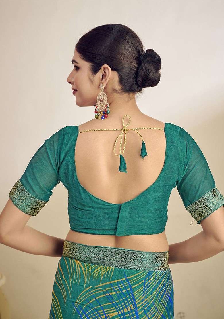 Teal Printed Blended Saree Set - Indya